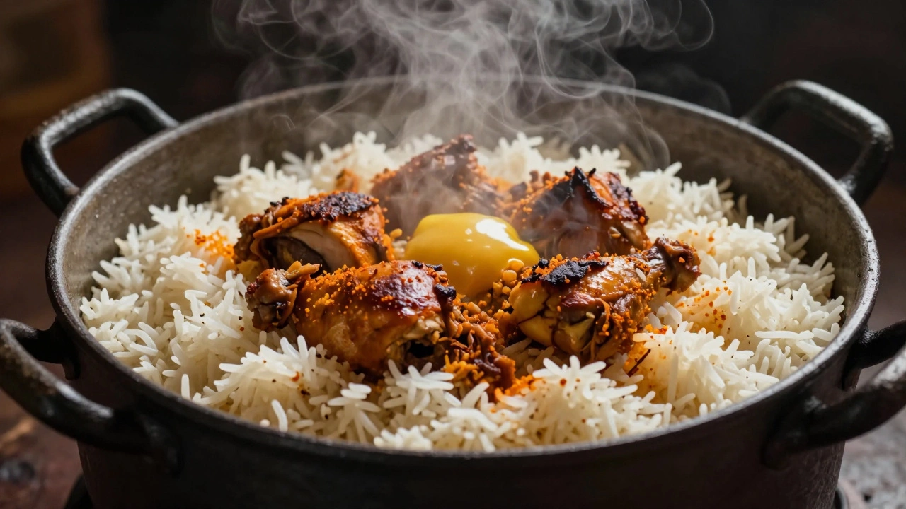 Layering rice and chicken in a pot for dum cooking
