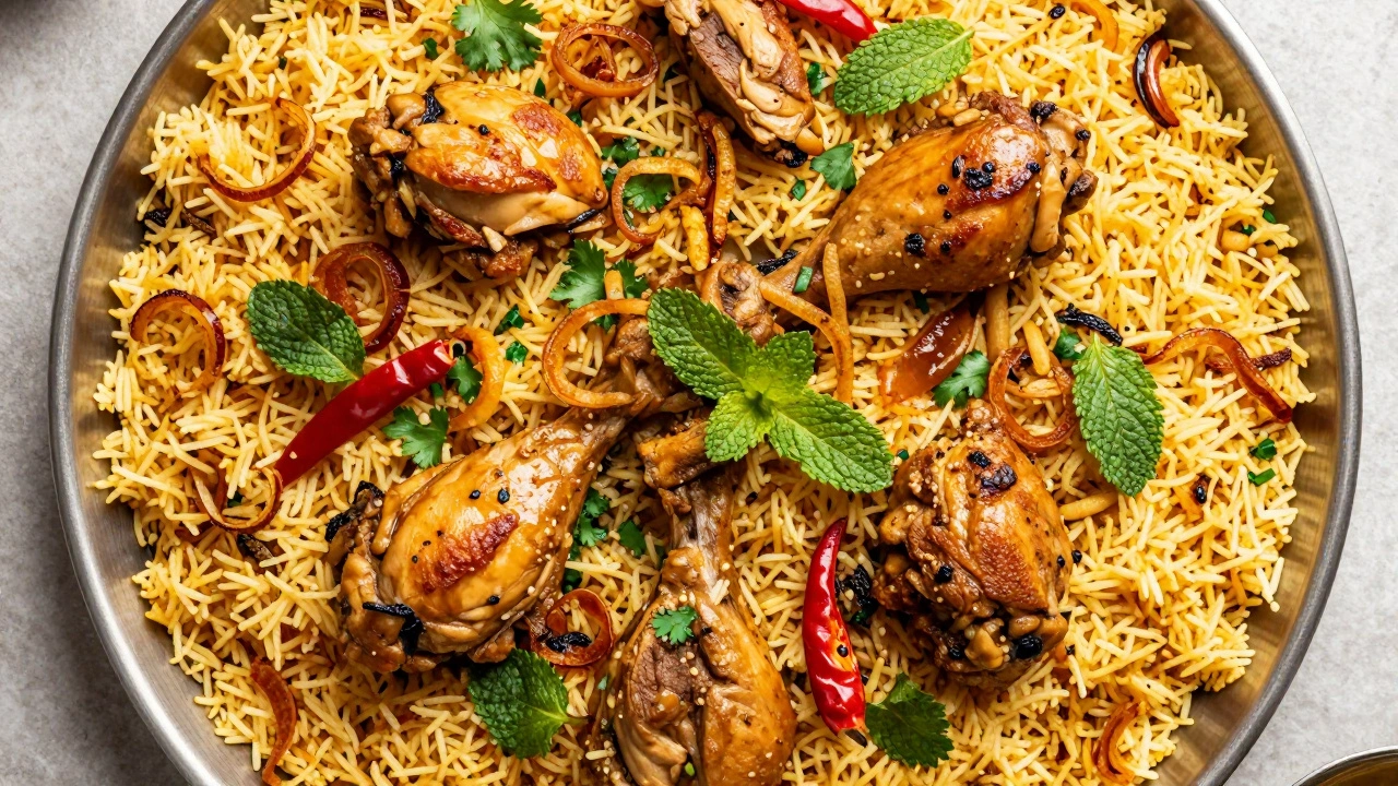 Plated biryani with tender chicken and garnishes