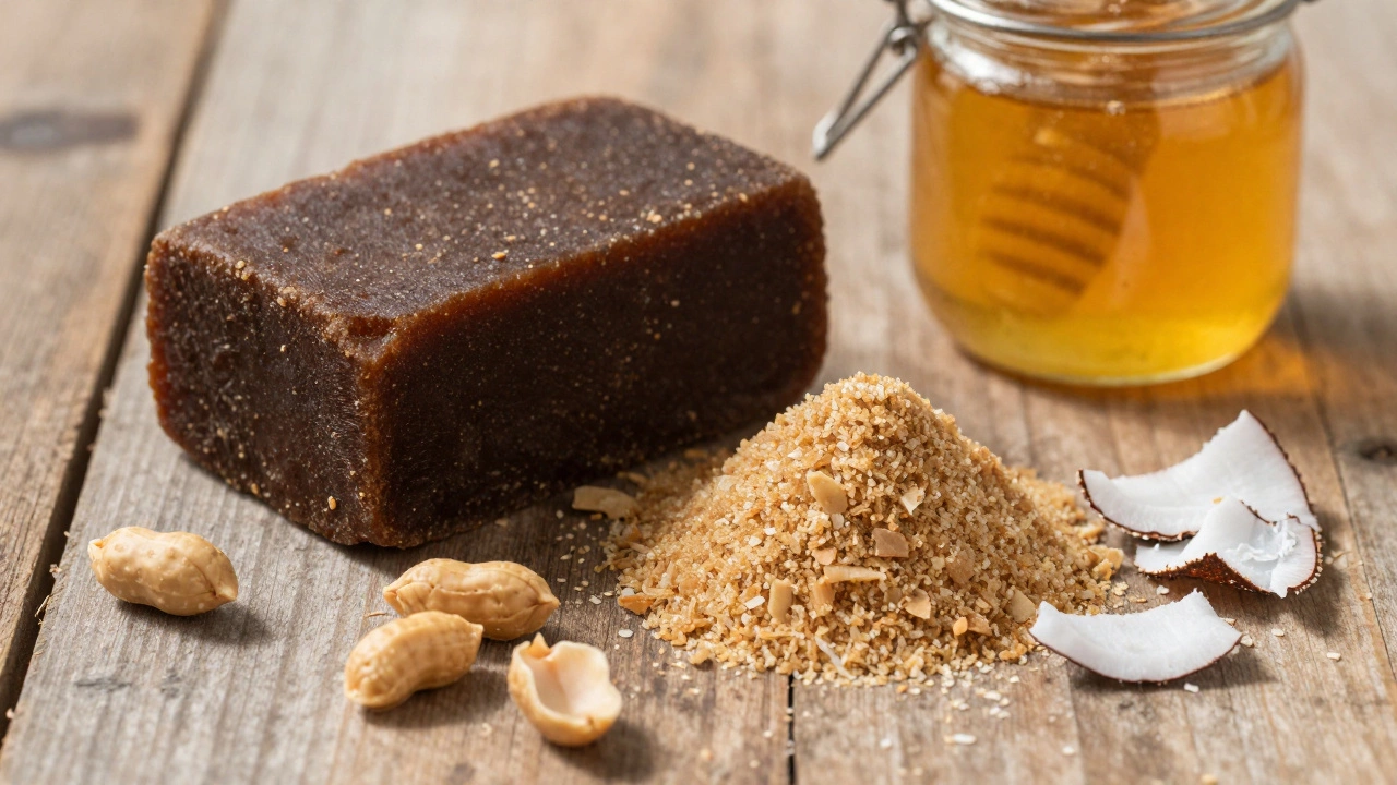 Rustic display of jaggery blocks, date palm sugar, honey, peanuts, and coconut flakes.