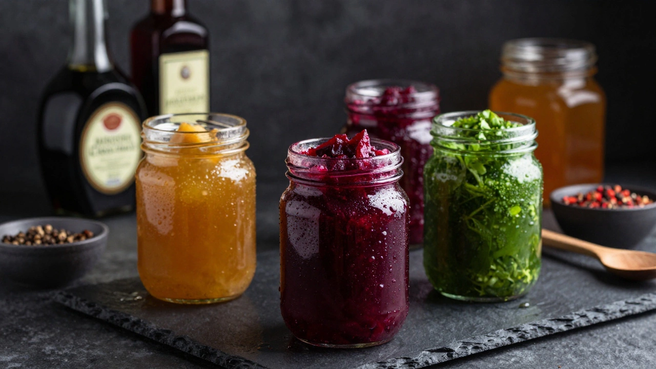 Sealed jars of colorful homemade chutney on a dark countertop