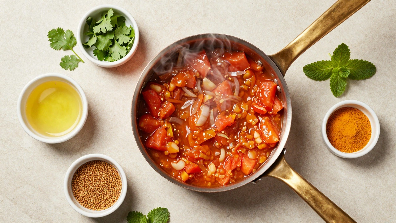 Simmering pot of chutney surrounded by spices and vinegar bowls