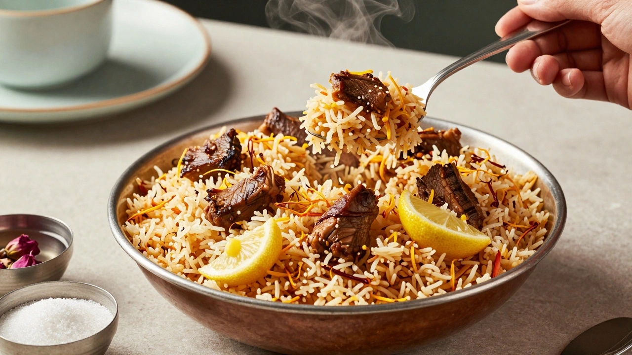 Steaming biryani dish with sugar and lemon as flavor fixes