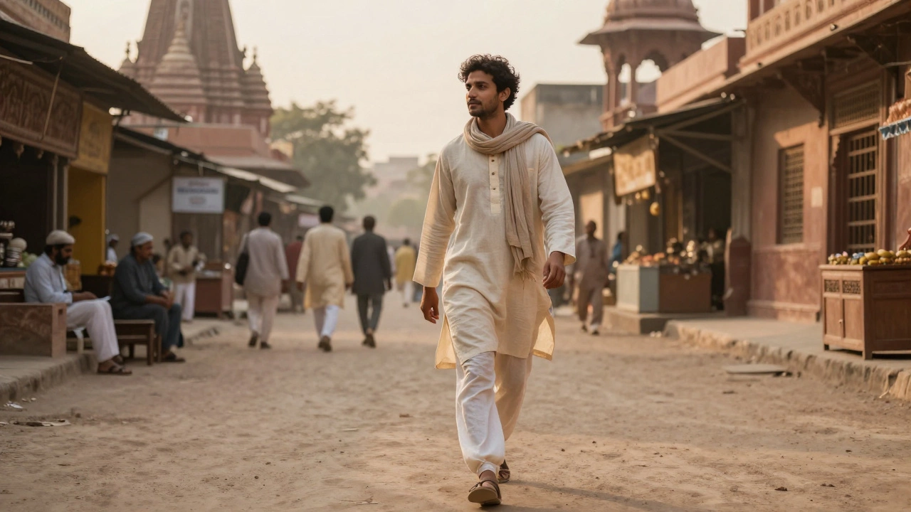 Tourist in loose linen attire walking comfortably through an Indian market