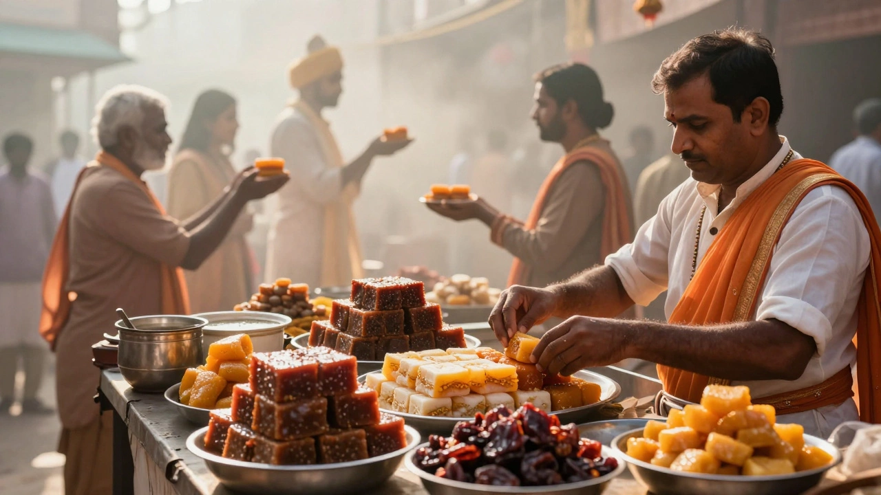Traditional Indian sweet maker with historical ritual backdrop