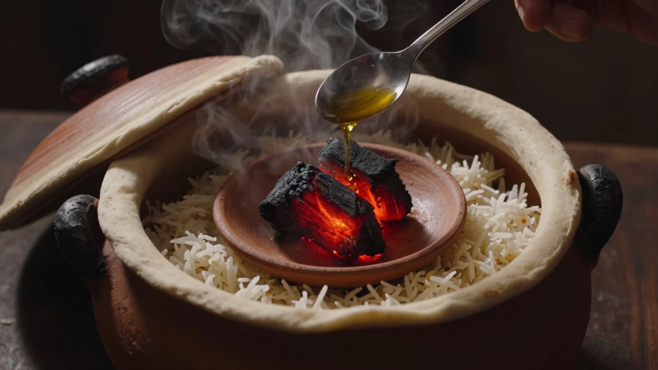 Biryani pot sealed with dough and hot charcoal for smoky flavor
