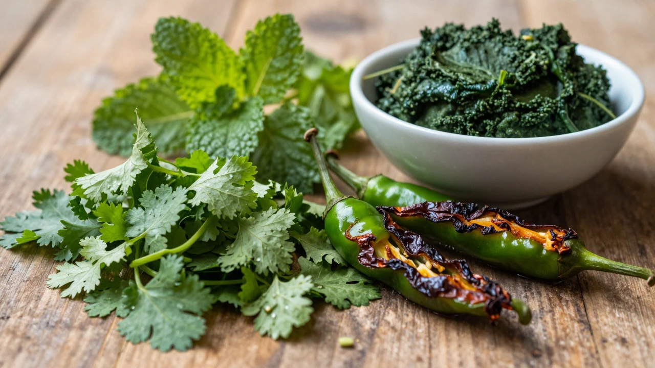 Chopped fresh herbs and fried green chilies arranged on a wooden board