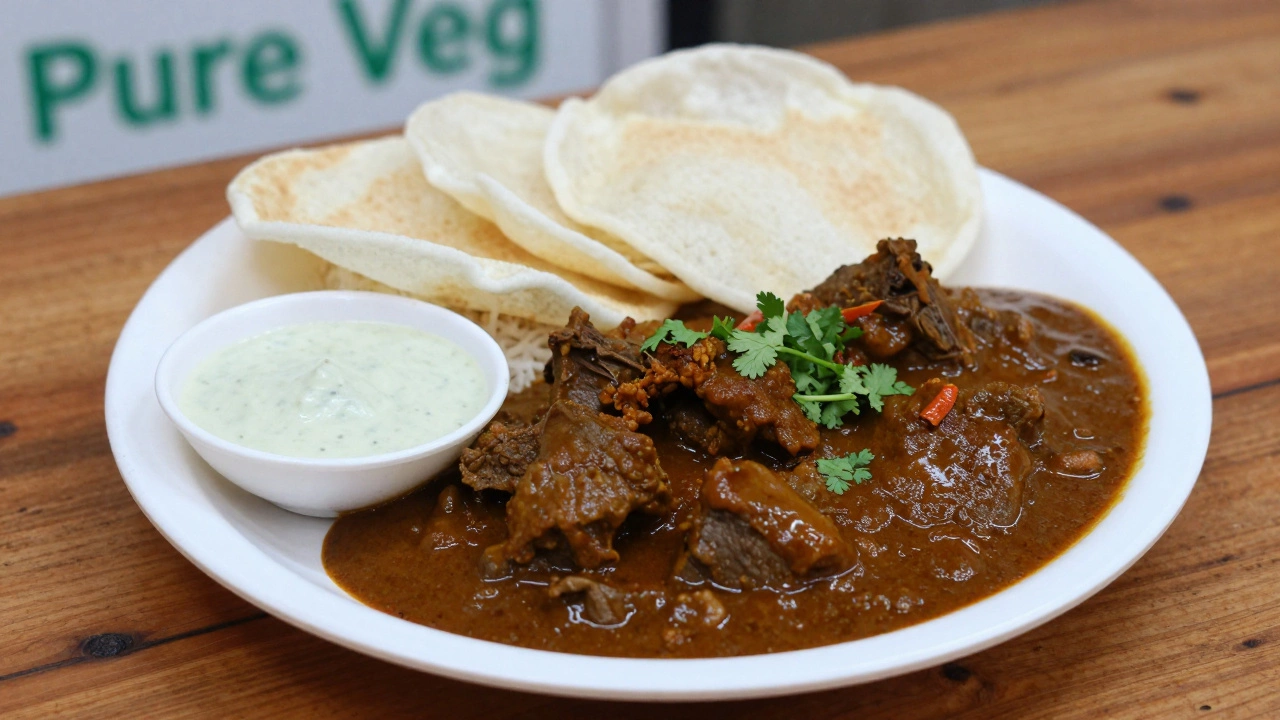 Close-up of spicy beef curry served with appam rice pancakes on wooden table