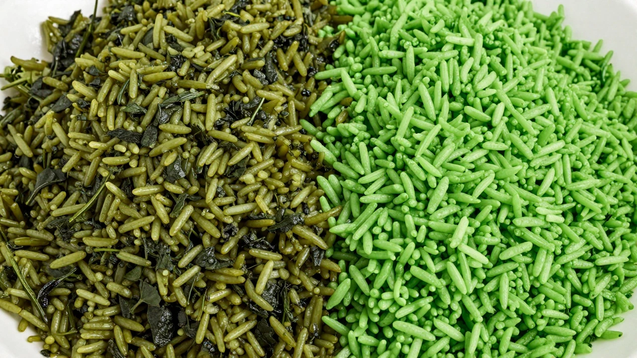 Comparison of naturally green-dyed rice versus artificial neon green rice