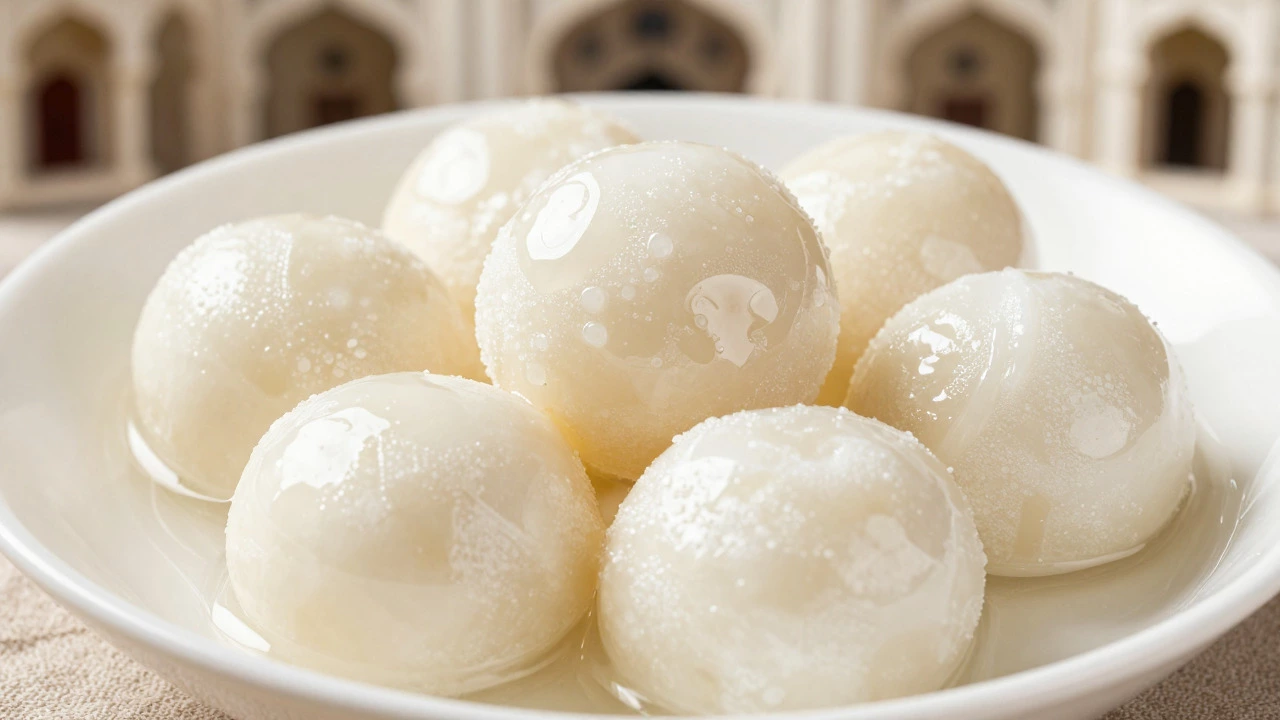 Fresh Rasgulla sweets in sugar syrup on a ceramic plate