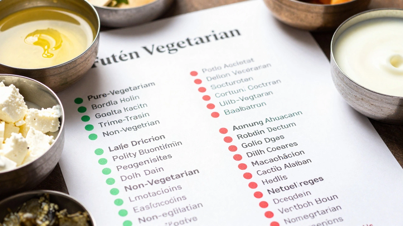 Indian menu with green and red dots indicating vegetarian and non-veg options