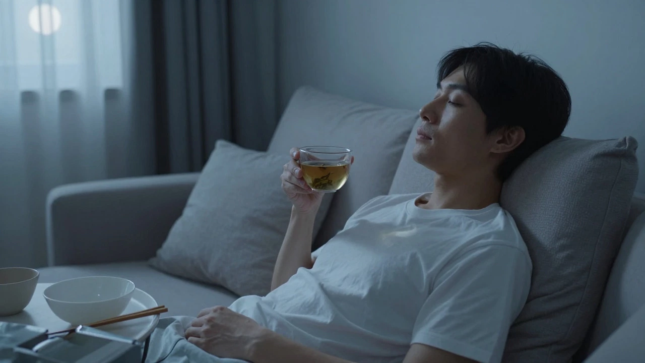 Person relaxing with tea after dinner in a calm, moonlit room