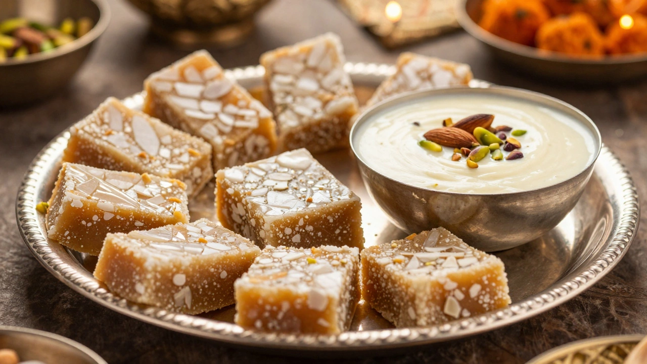 Platter of assorted Indian sweets including Kaju Katli and Sheer Khurma