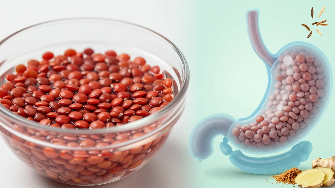 Raw lentils soaking in water next to spices for easy digestion