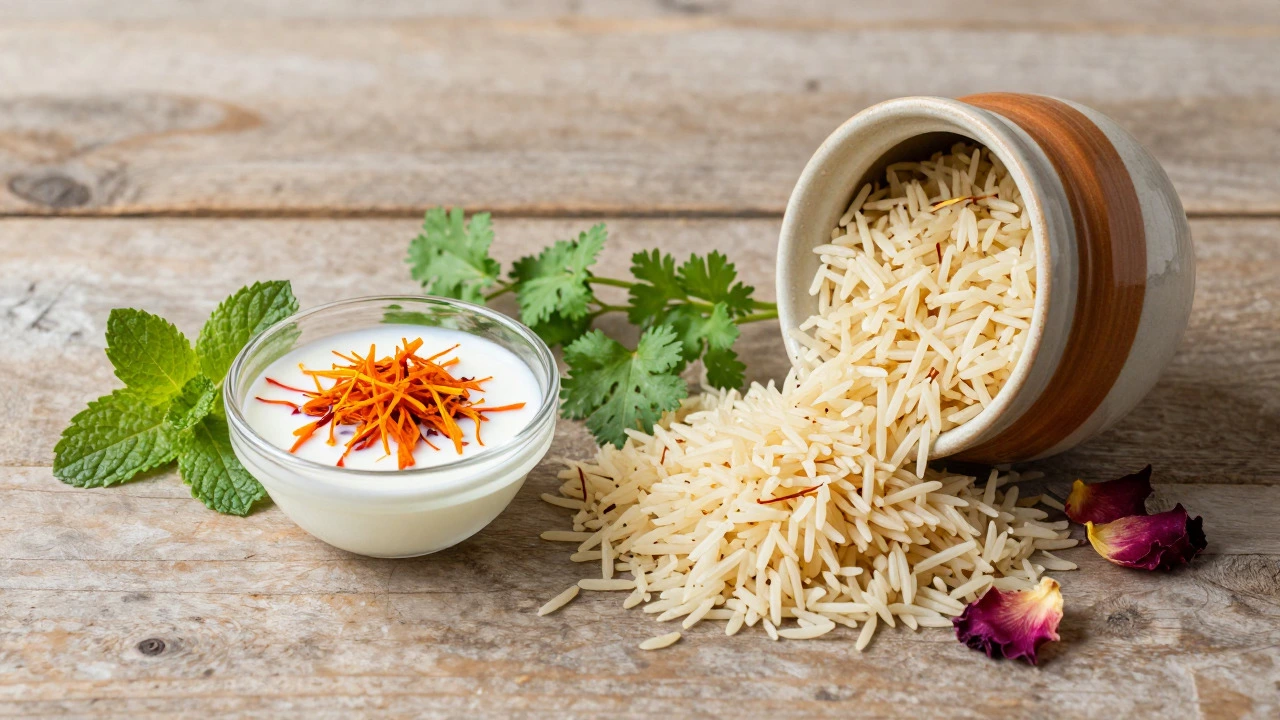 Saffron, fresh herbs, and basmati rice arranged on wood