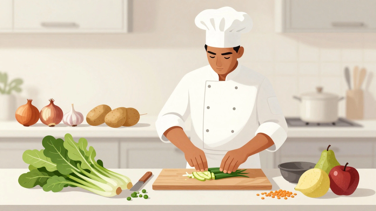 Serene kitchen scene showing Jain-style cooking with leafy greens and lentils