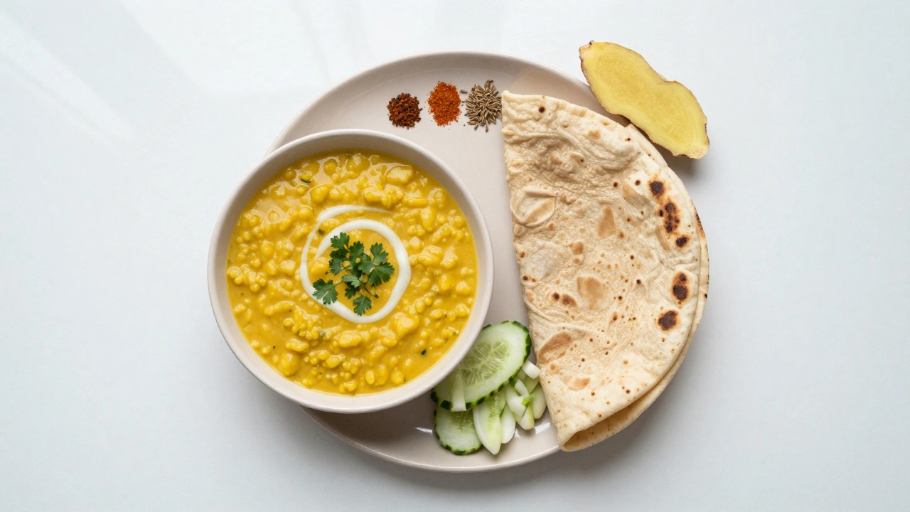 Small portion of dal, roti, and digestive spices like ginger and cumin