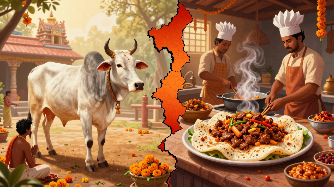 Split image showing sacred cow worship on left and beef cooking on right