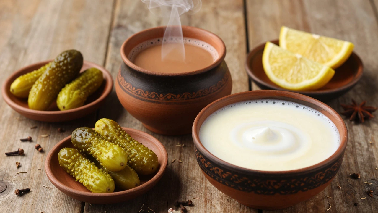 Clay cup of masala chai, lassi, and pickles arranged on a wooden table