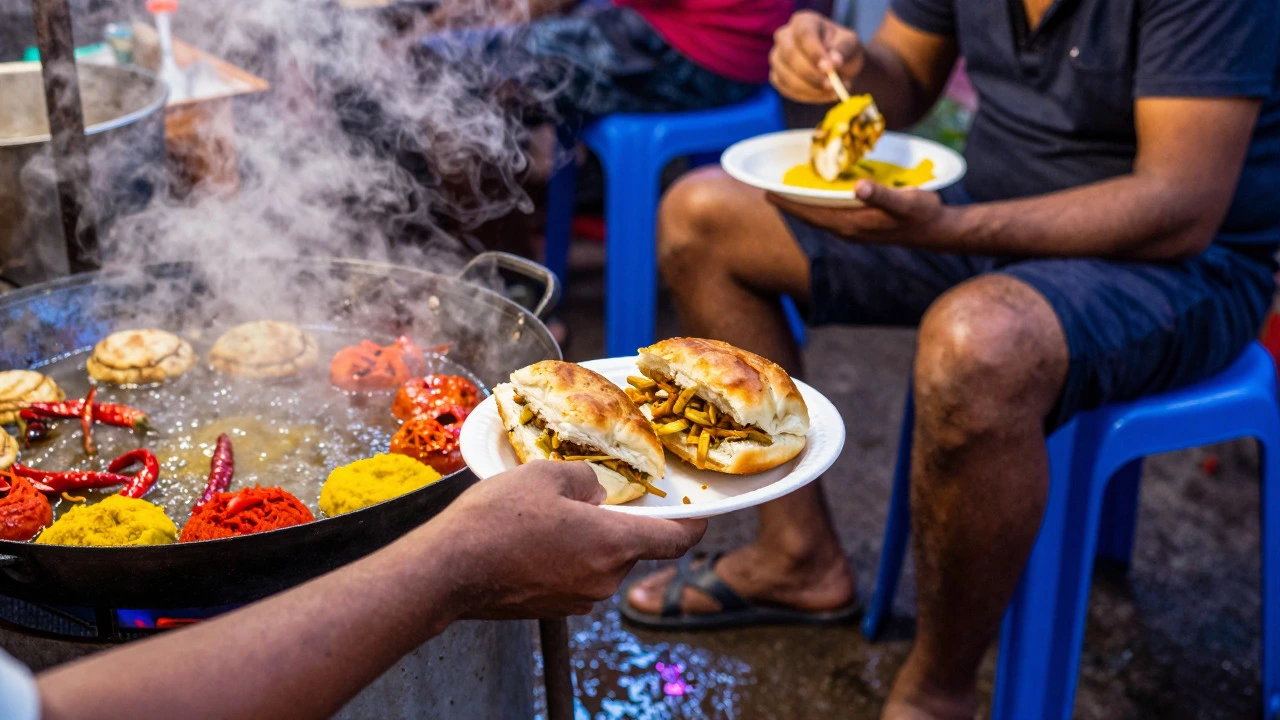 Close-up of hands eating street food like vada pav and dosa at a busy evening stall