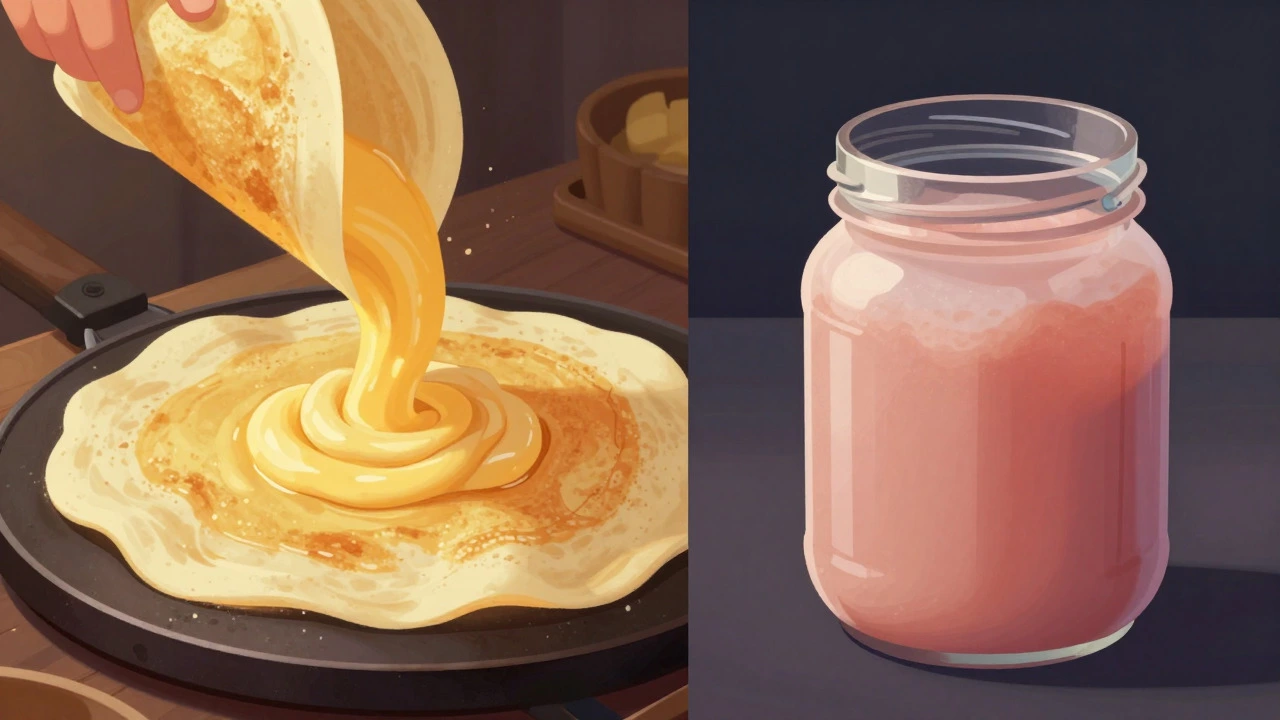 Comparison of fresh fluffy dosa and spoiled pink-tinted batter