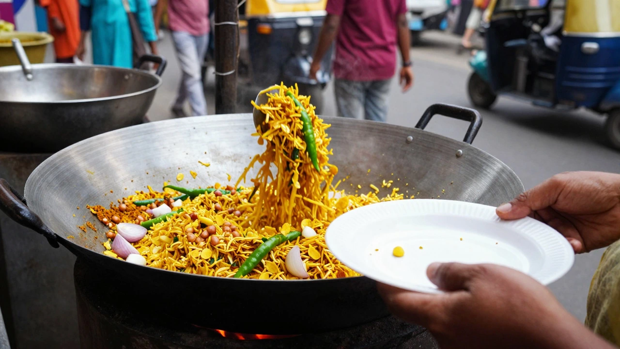 Cook preparing poha with turmeric and peanuts in a Mumbai street stall