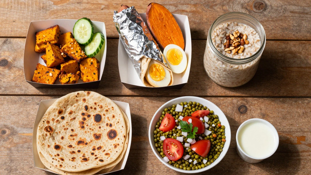 Flat lay of five different Indian portable breakfast combos including paneer, oats, and wraps