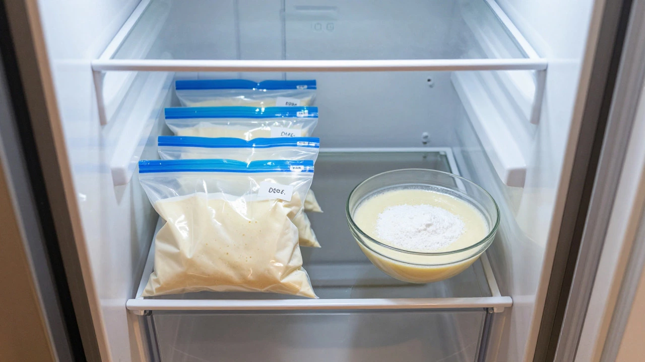 Freezer bags of dosa batter stored in a refrigerator shelf