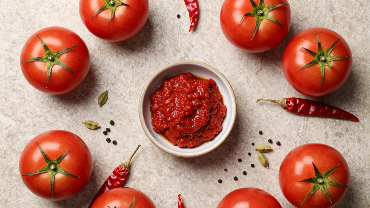 Fresh tomatoes, dried chilies, spices, and tomato paste arranged on a stone surface.
