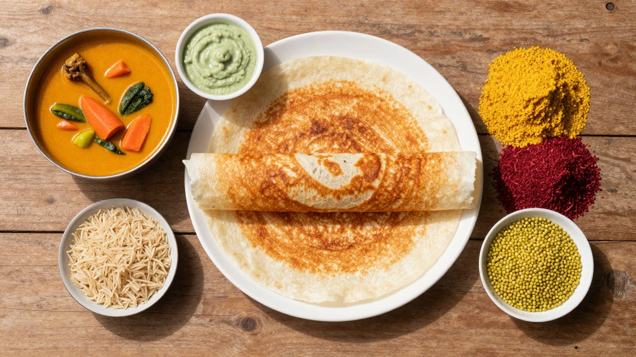 Healthy dosa meal with sambar and fresh ingredients