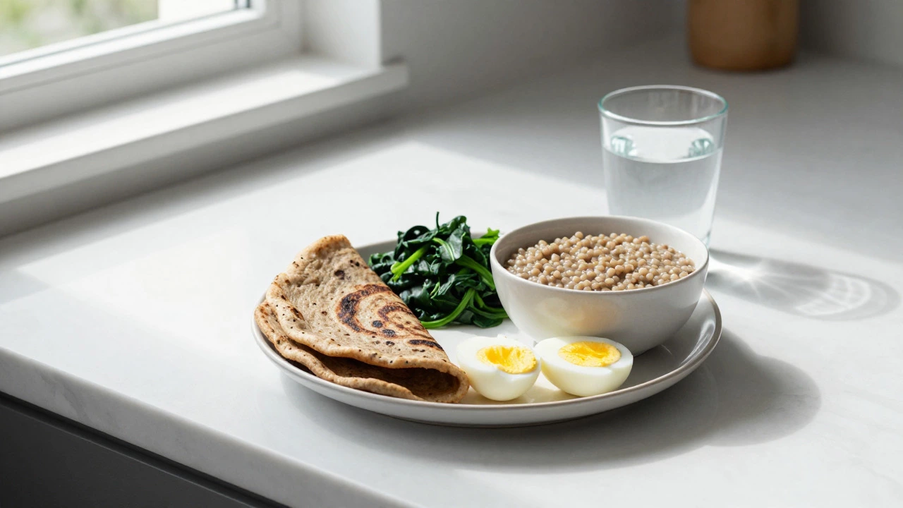 Healthy modern Indian breakfast plate with roti, eggs, and greens on a counter