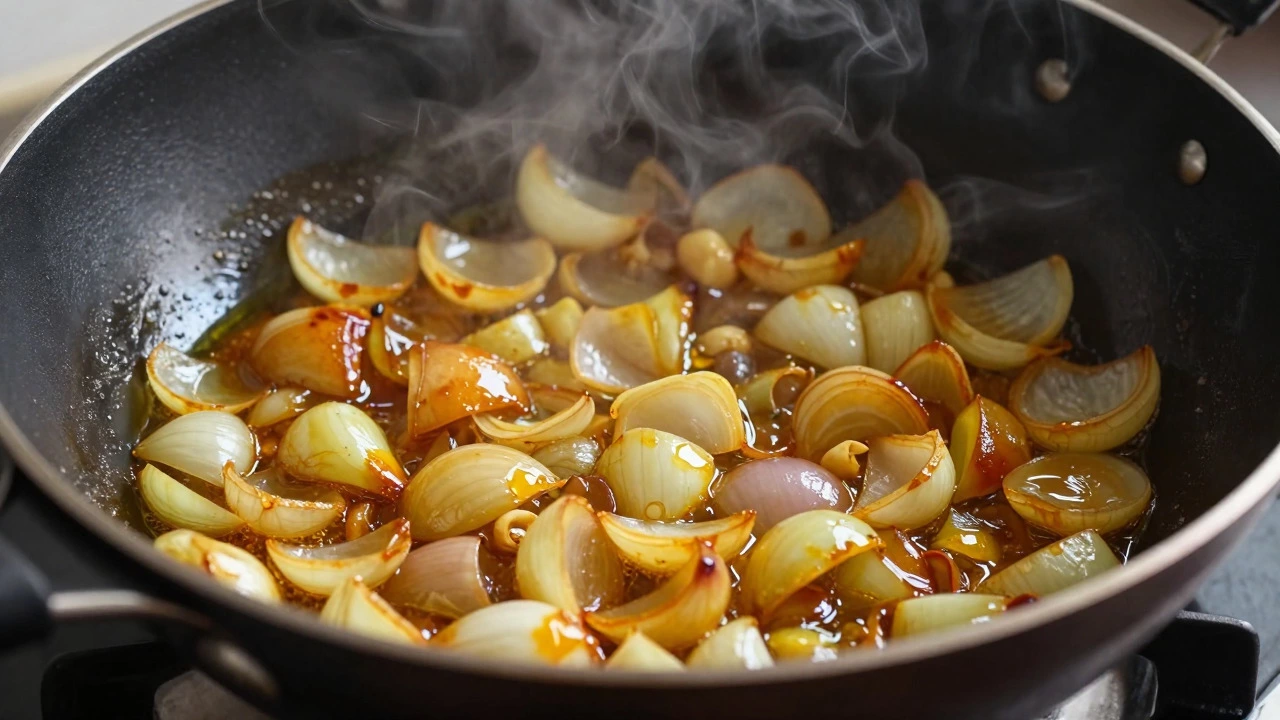 Onions caramelizing to a deep golden brown in a wok with ghee