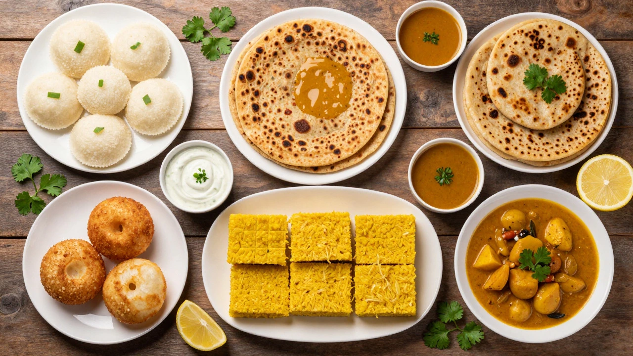 Overhead view of diverse regional Indian breakfast dishes including idli and paratha