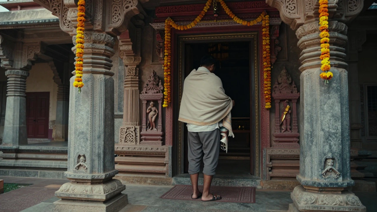 Person putting on a shawl and removing shoes at the entrance of a stone temple courtyard