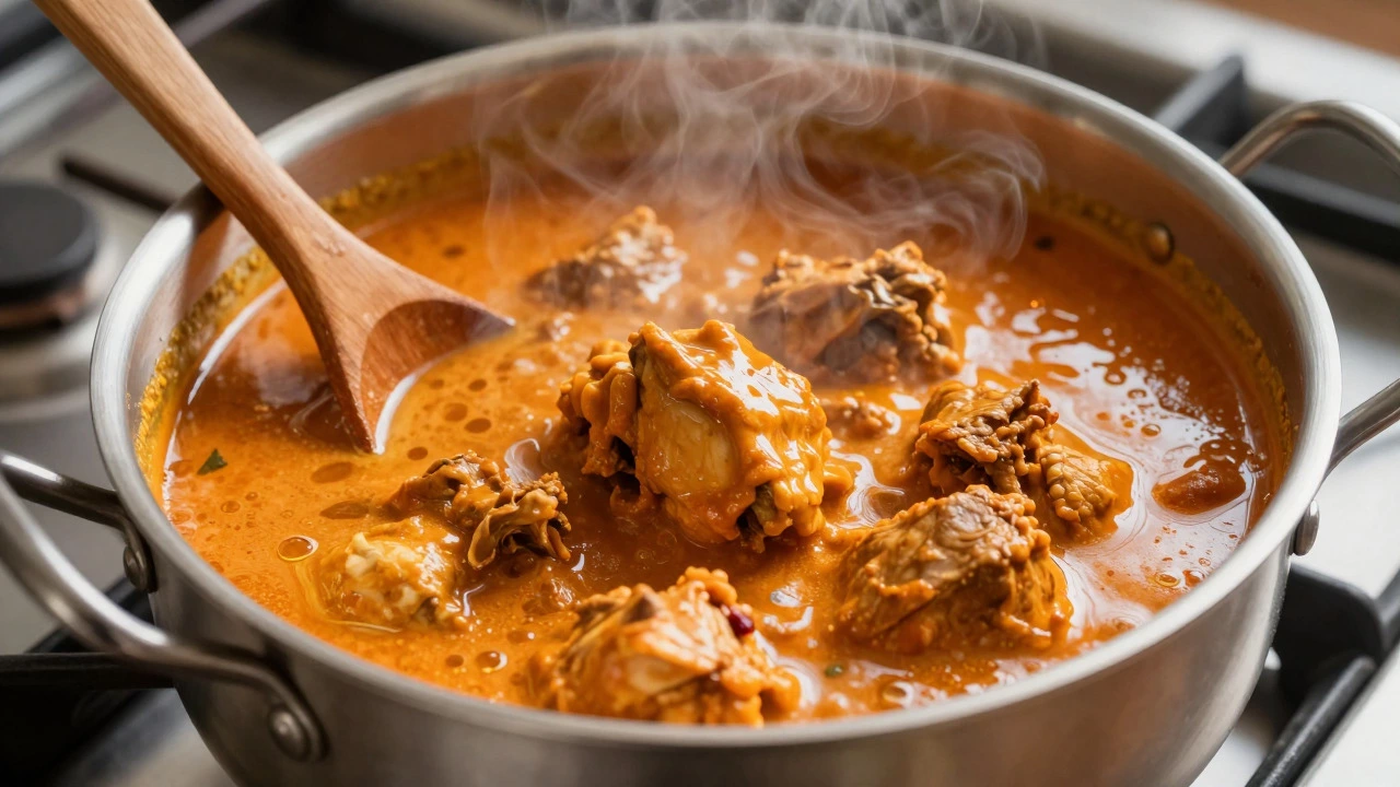 Simmering pot of rich chicken curry with oily, glossy sauce and steam rising.