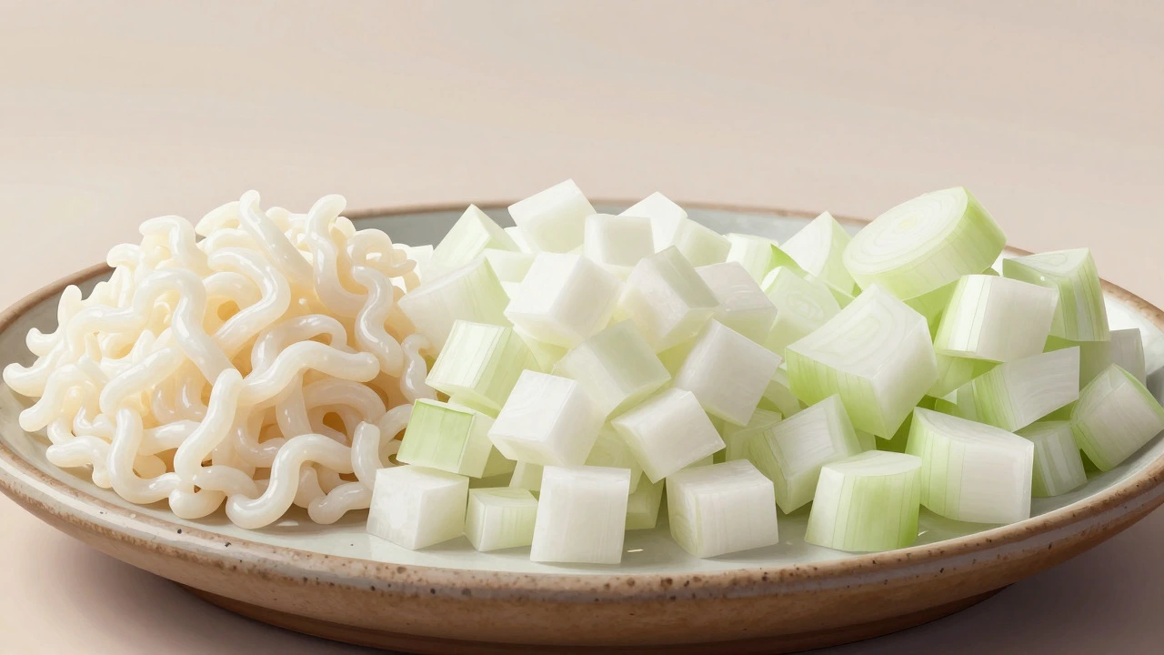 Three piles of chopped onions showing fine mince, medium dice, and coarse chunks