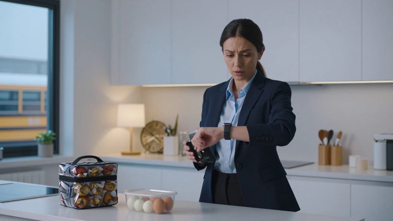 Woman holding an insulated lunch bag in a kitchen, ready for a busy morning