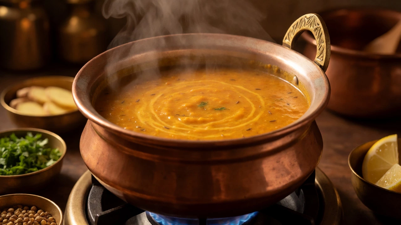 Creamy golden dal simmering in a copper pot with steam rising