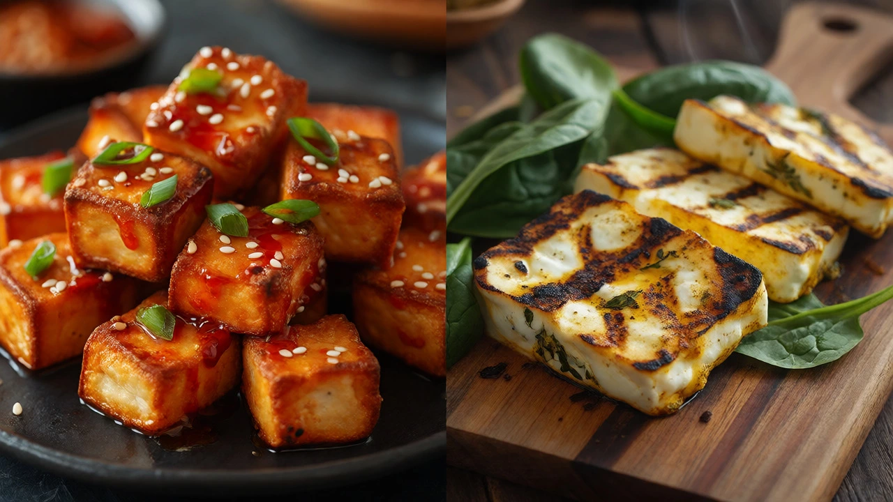 Crispy glazed tofu cubes beside grilled spiced paneer slices
