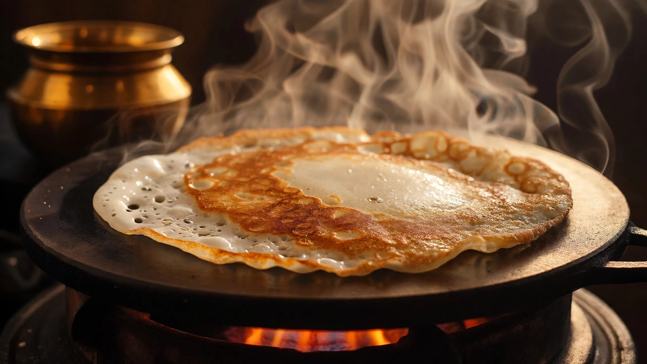 Golden crispy dosa spreading on a hot black tawa with steam