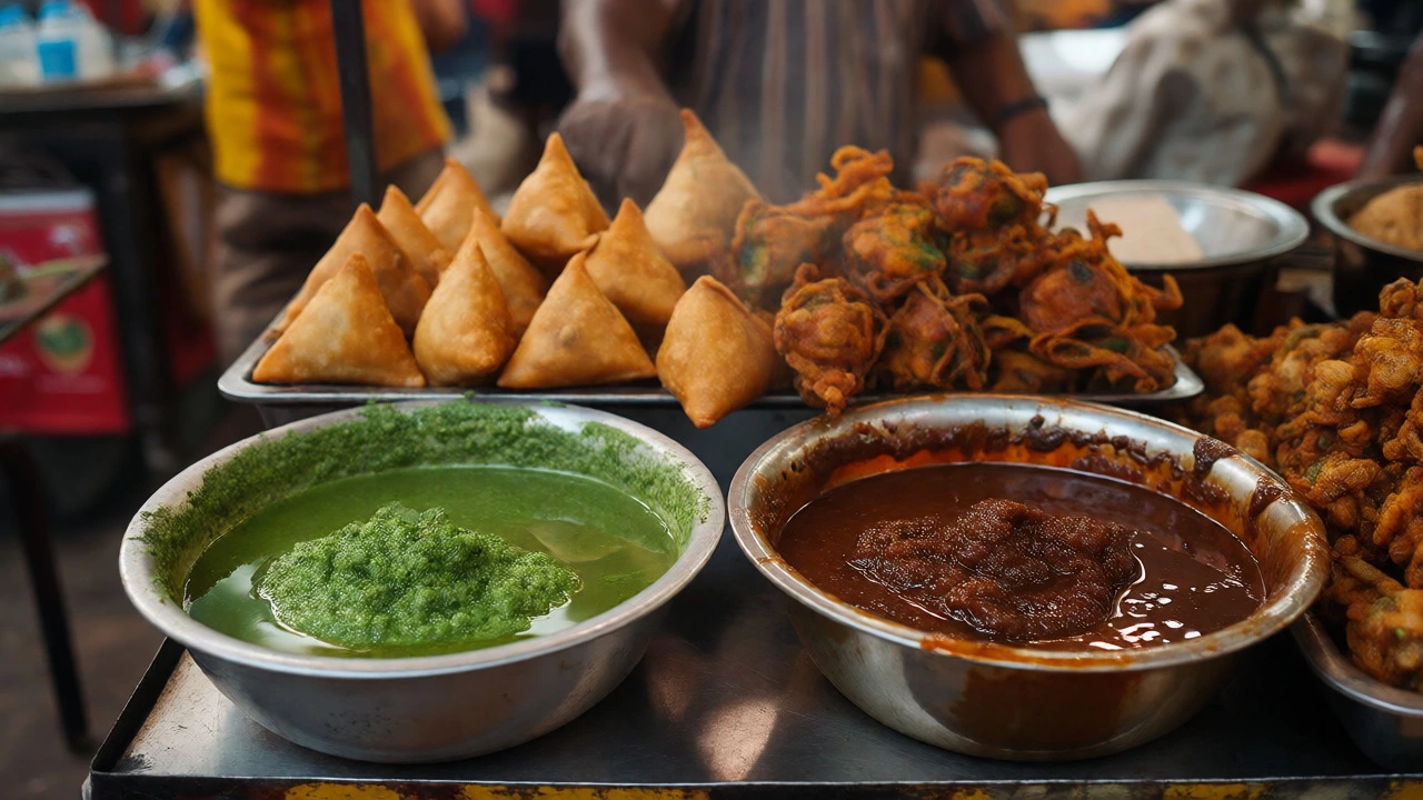 Green mint and brown tamarind chutneys paired with fried samosas at a street stall