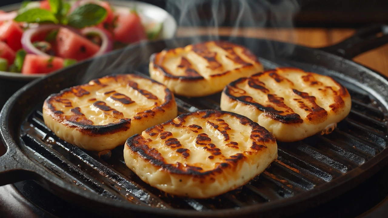 Halloumi slices grilling on a cast-iron pan with a colorful salad in the background.