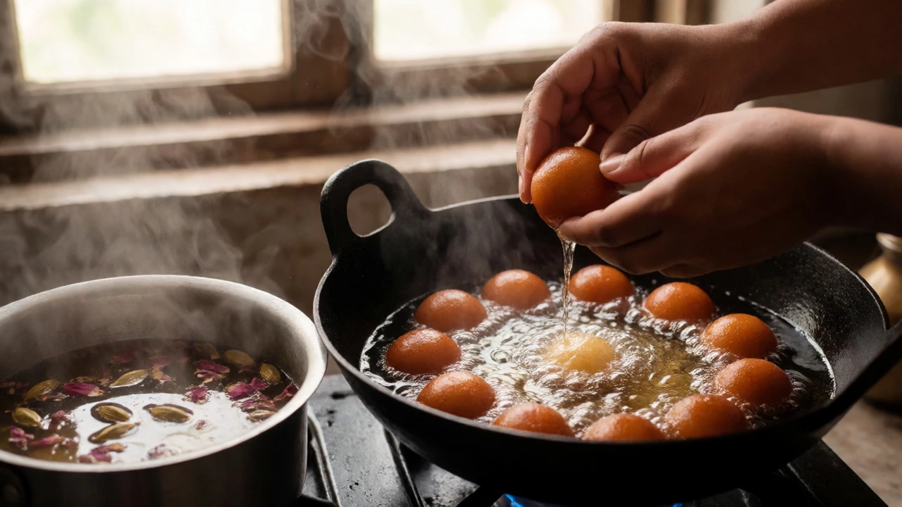 Hands dropping khoya dough balls into hot ghee for frying alongside simmering cardamom syrup.