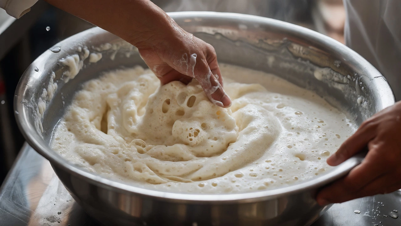 Hands mixing bubbly fermented dosa batter in a steel bowl