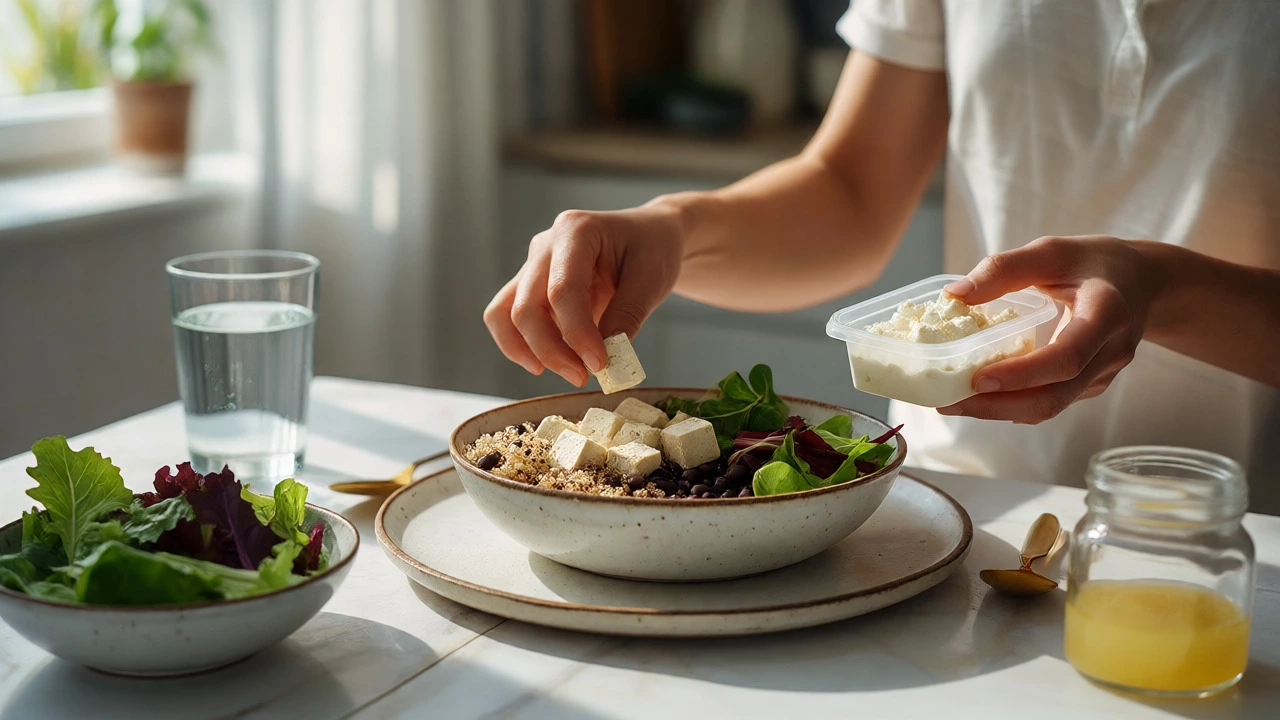 Hands preparing a healthy bowl with tofu and paneer ingredients
