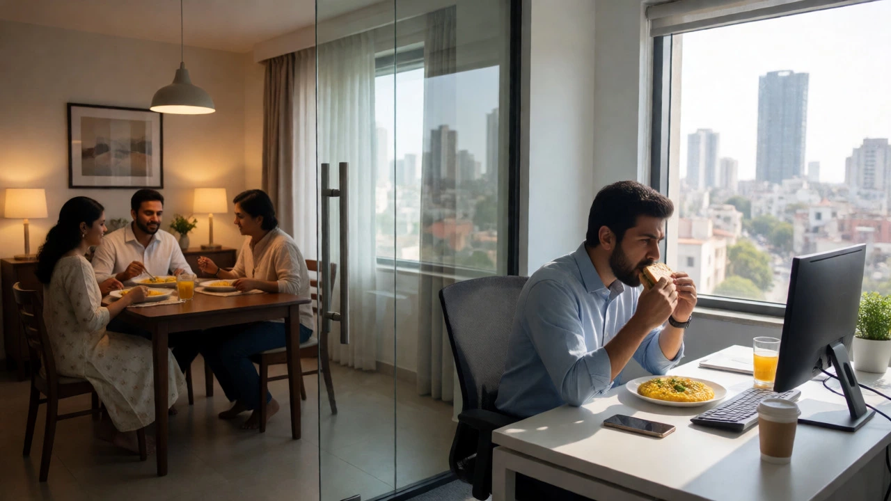 Office worker eating lunch vs family having light dinner at home