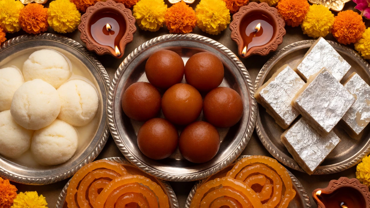 Overhead view of assorted Indian sweets with Gulab Jamun centered among Diwali decorations.