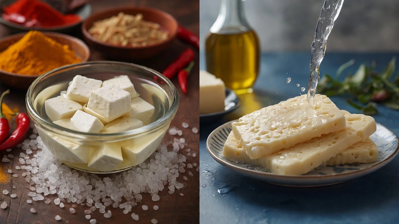 Paneer soaking in brine and halloumi being rinsed, illustrating substitution techniques.