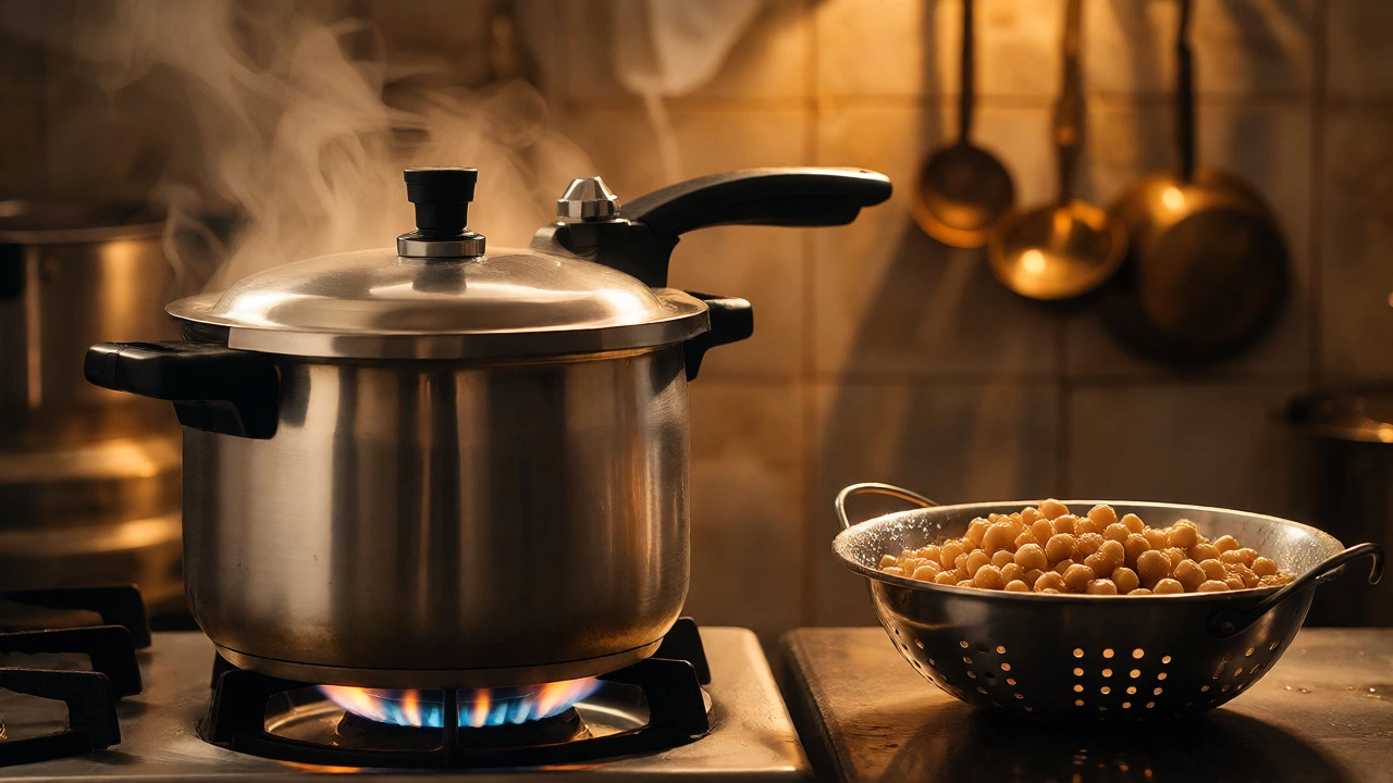 Pressure cooker on stove next to rinsed soaked chickpeas