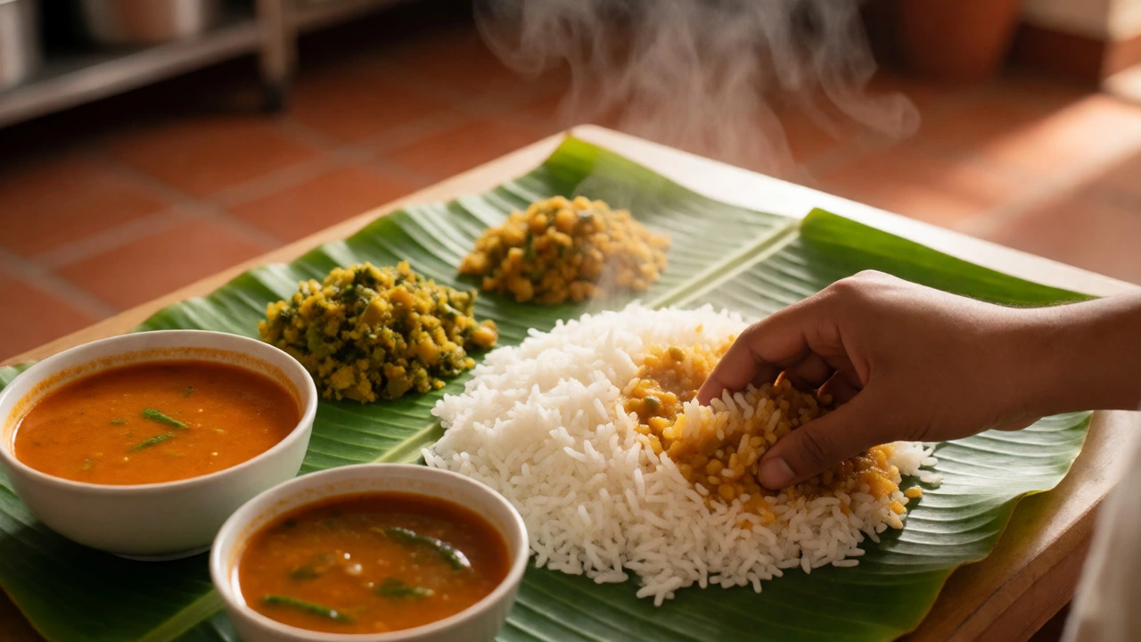 South Indian lunch on banana leaf with rice, sambar, and rasam