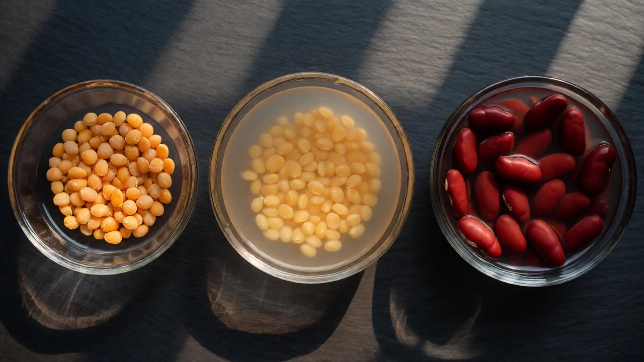 Three bowls showing different stages of lentil soaking by size